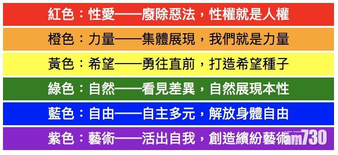 6種色彩分別代表:性愛、力量、希望、自然、自由和藝術(來源:維基百科)。