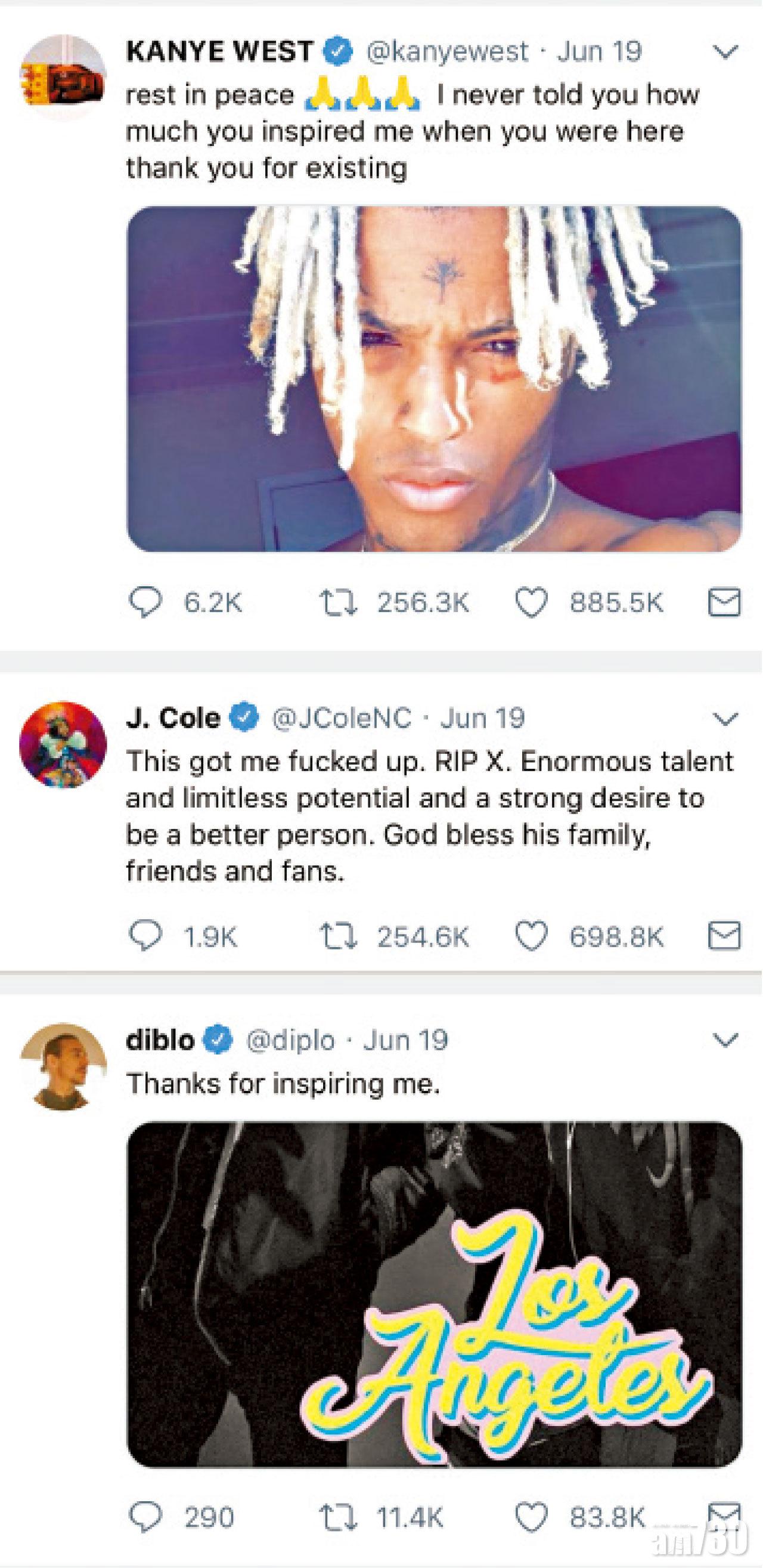 XXXTentacion逝世消息傳出後,包括Kanye West、J. Cole和Diplo等眾多音樂人,均表達哀悼之意,並強調即使他雖不完美,但在音樂上展現的才華仍不容抹滅。