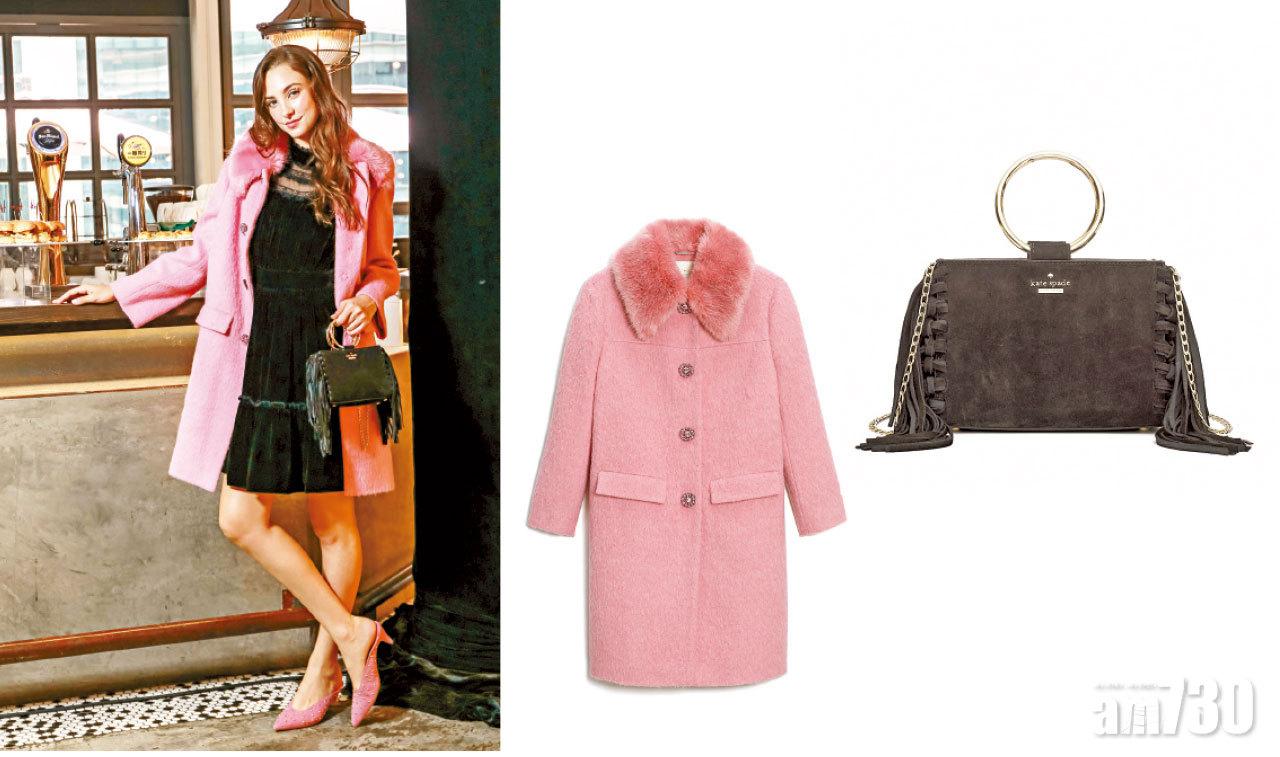 Mix & Match打造宜古宜今的型格打扮。(流蘇麖皮鏈帶手袋$2,900、絲絨連身裙$3,900、Pink Coat $7,900、Surie Heel $2700)