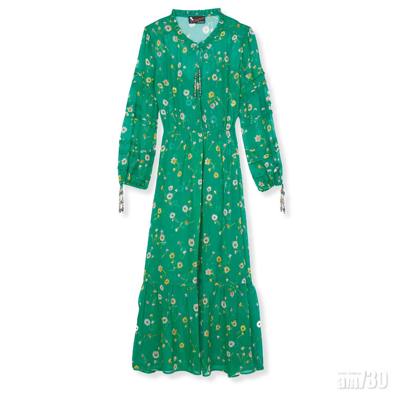 浪漫的花樣連身長裙,大方斯文,兩袖及領口的束繩以珠鏈串成,展現出活潑的夏日感。($4,990,The Kooples)