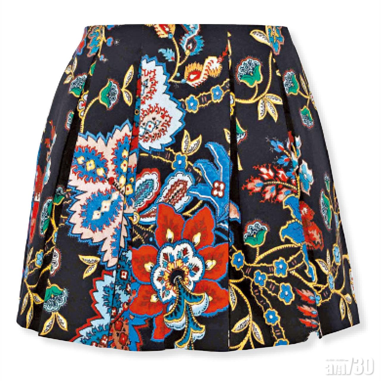 Floral mini skirt盡顯復古韻味,是不錯的年尾應節單品。($1,377,ALICE+OLIVIA,From THE OUTNET)