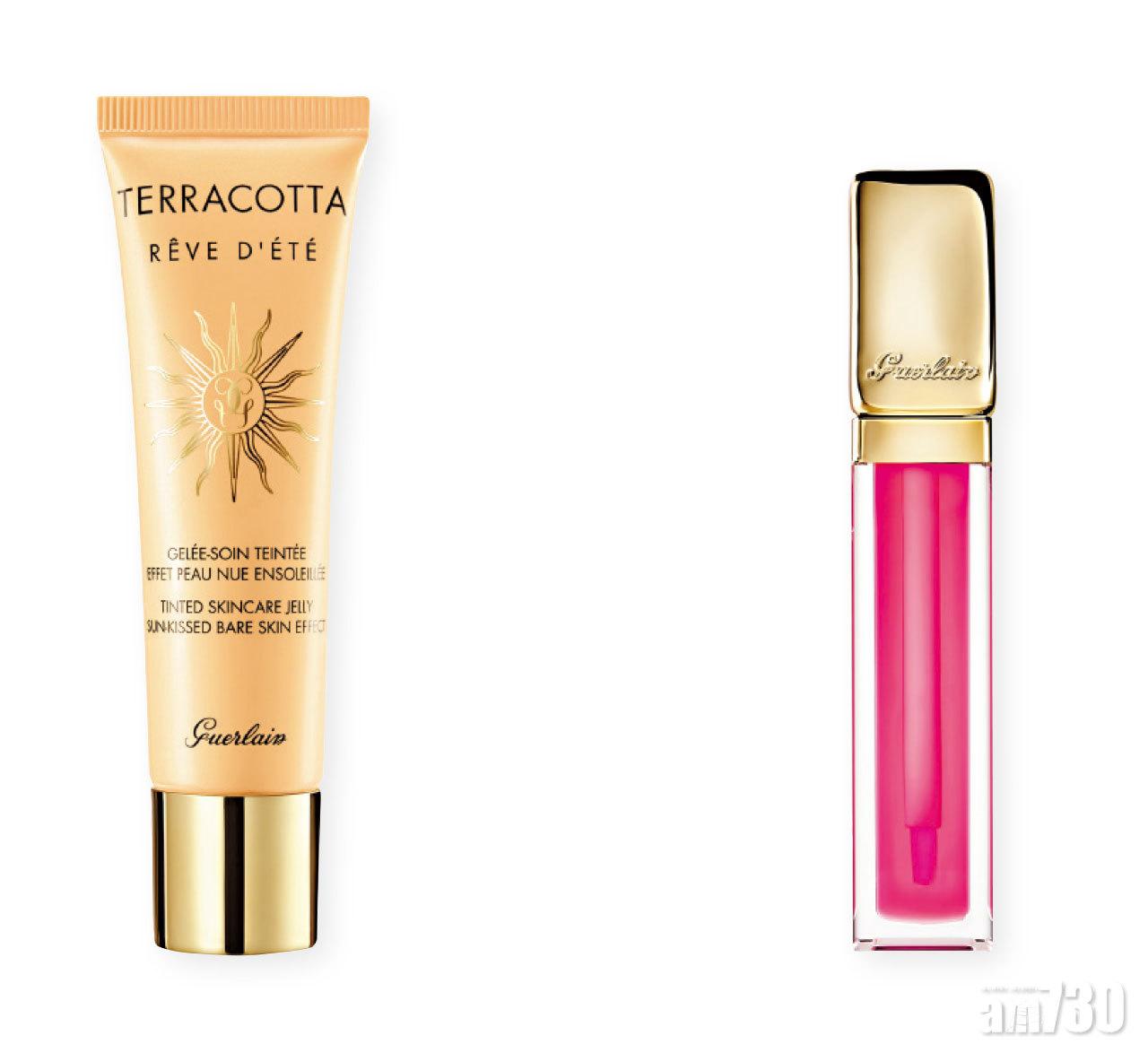 (Guerlain) (左)陽光美肌保濕啫喱
$360/30ml; (右)陽光親親護唇油
$260/6ml