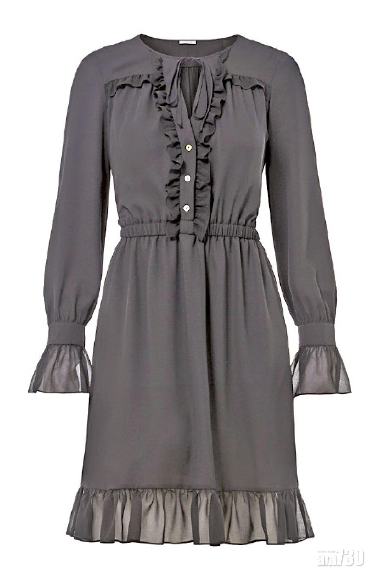 黑色索繩領絲綢ruffles dress $2,980(B)