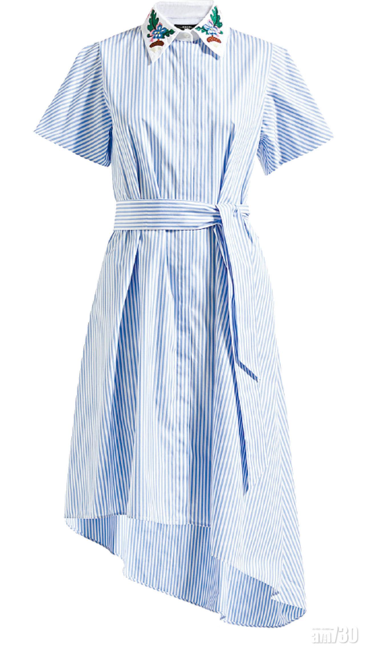 藍白條子不規則剪裁刺繡領束腰 dress $4,480(F)