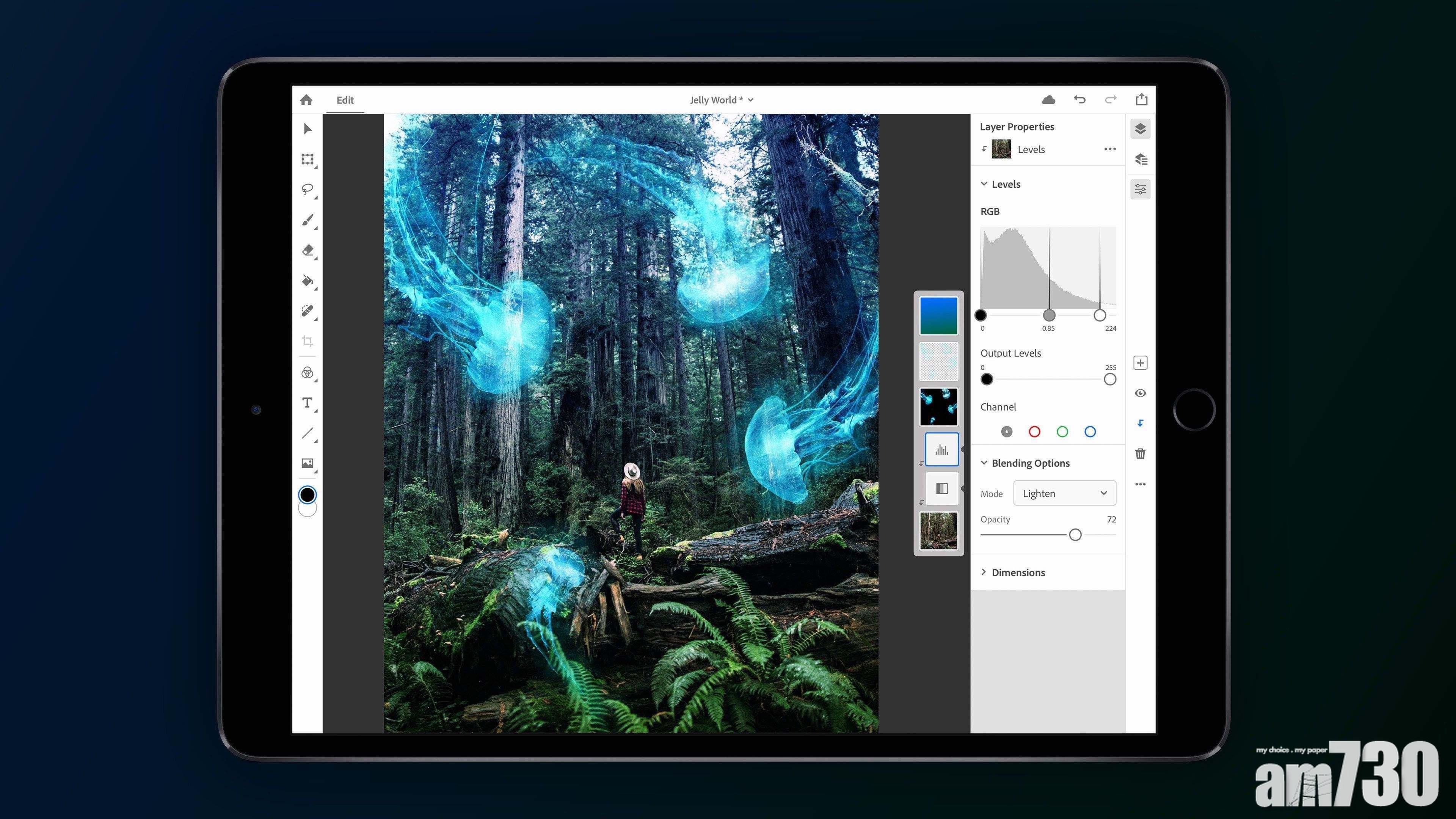 iPad版Photoshop CC介面專為觸控輸入和手勢操控而重新設計。