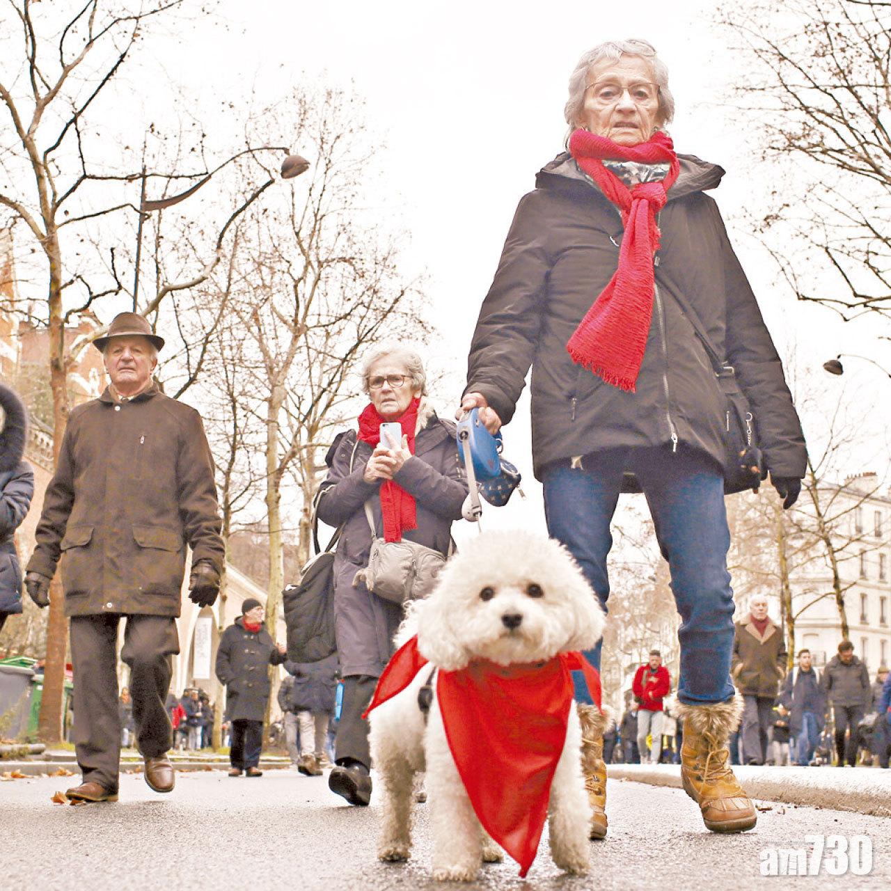 遊行民眾幫狗狗繫上紅巾。