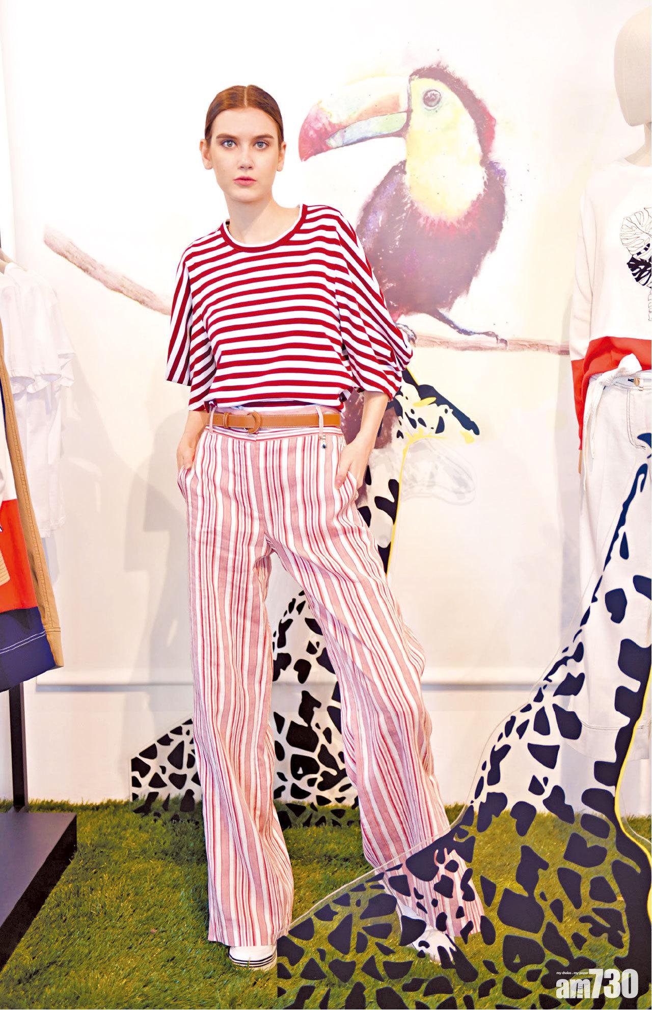 Alena K :紅白色橫間中袖top $1,380;
紅白色直紋麻布boot cut pants $2,680;
啡色皮革belt $580;
白色皮革sneaker $1,780