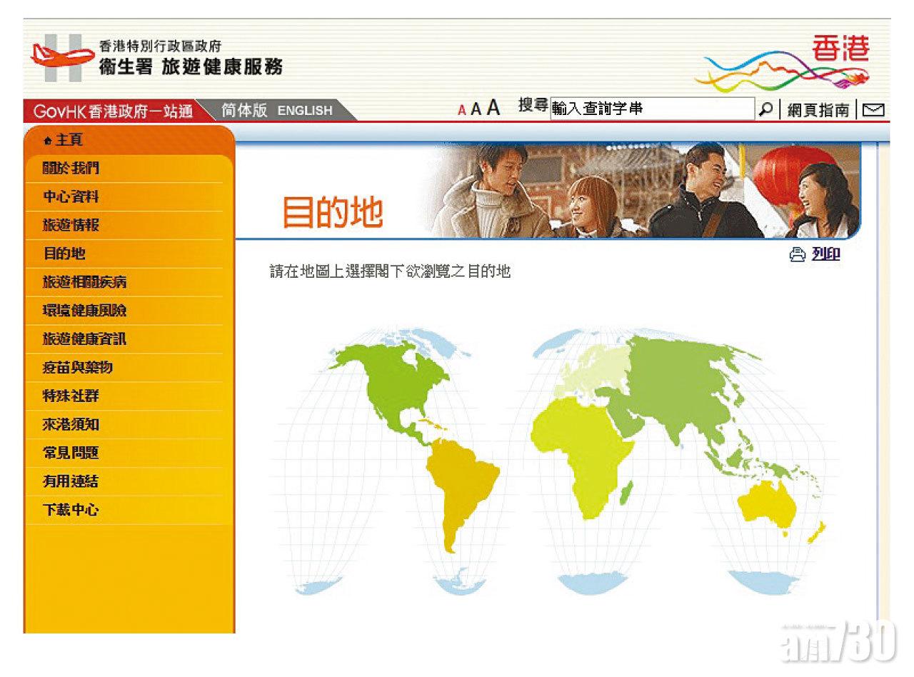 在衞生署旅遊健康服務網頁,可快速找到不同地區的疫症資訊。