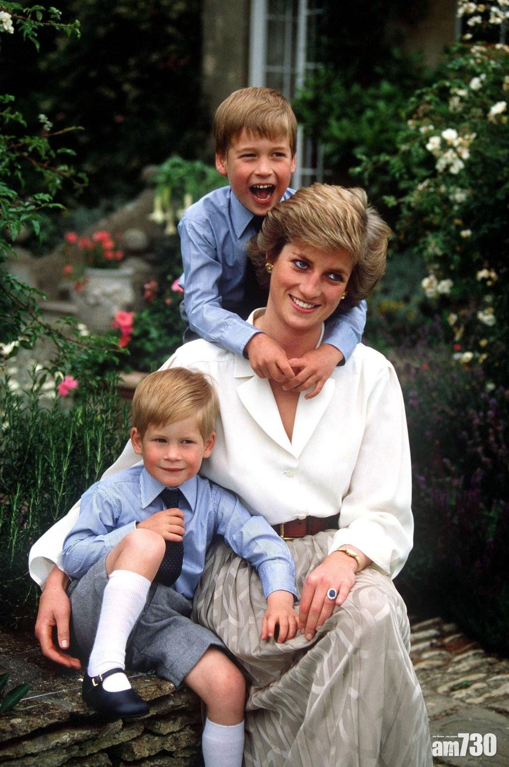 戴妃與亨利(下)及威廉(上)王子合照。(互聯網)