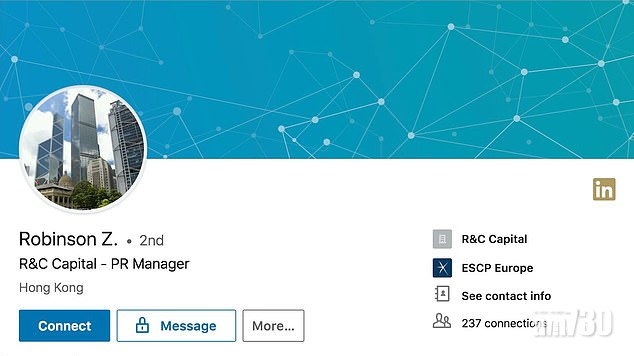 被指是假扮獵頭者的LinkedIn帳戶,其頭像是香港大廈照片。(互聯網)