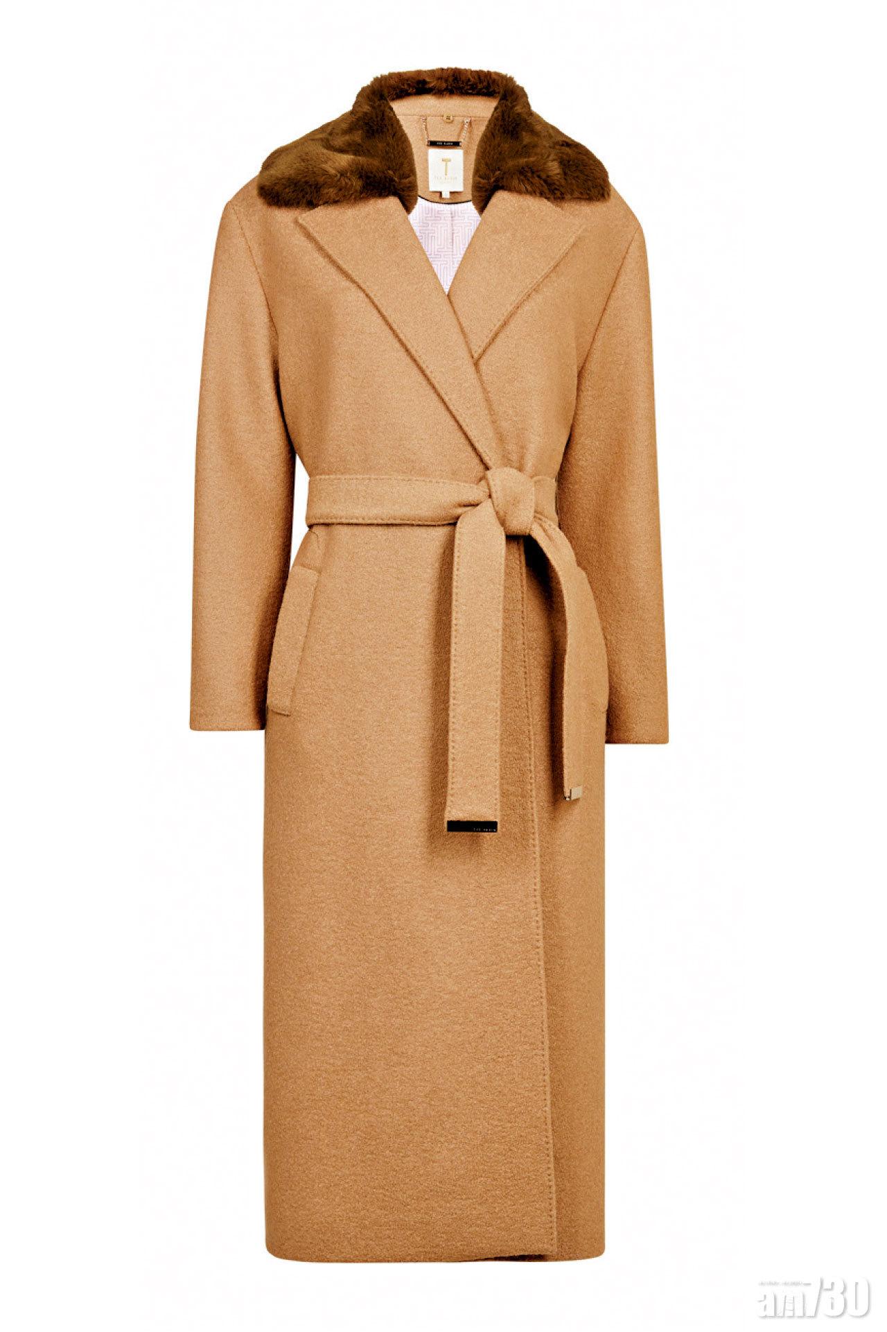 駝色呢絨毛領束腰long coat $5,450(C)