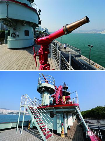 葛量洪號滅火輪展覽館:這款水炮包含出泡或出水,藉以灌救不同類型的船火;另有水炮高台及電動吊機。