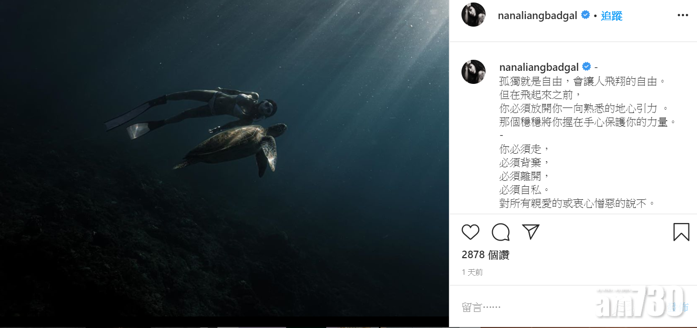 Nana昨日在IG寫下長文,也是暗示二人分手。