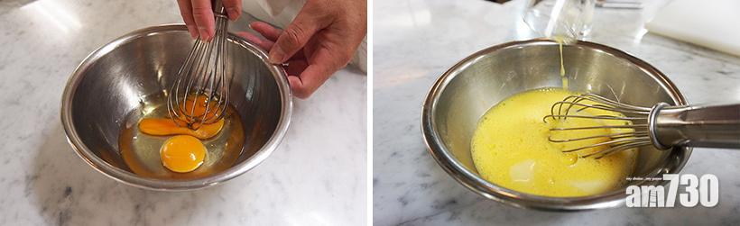 迪士尼食譜|米奇法式多士步驟2︰將2隻雞蛋攪拌好後,再加入剩餘的蛋液材料,打至滑溜為止。