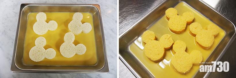 迪士尼食譜|米奇法式多士步驟3︰將切好的米奇麵包浸在蛋液中,然後用保鮮紙包好放置10分鐘。