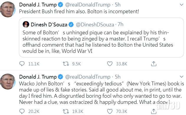 他又在Twitter指博爾頓無能,已故總統老布殊也辭退他。(互聯網)