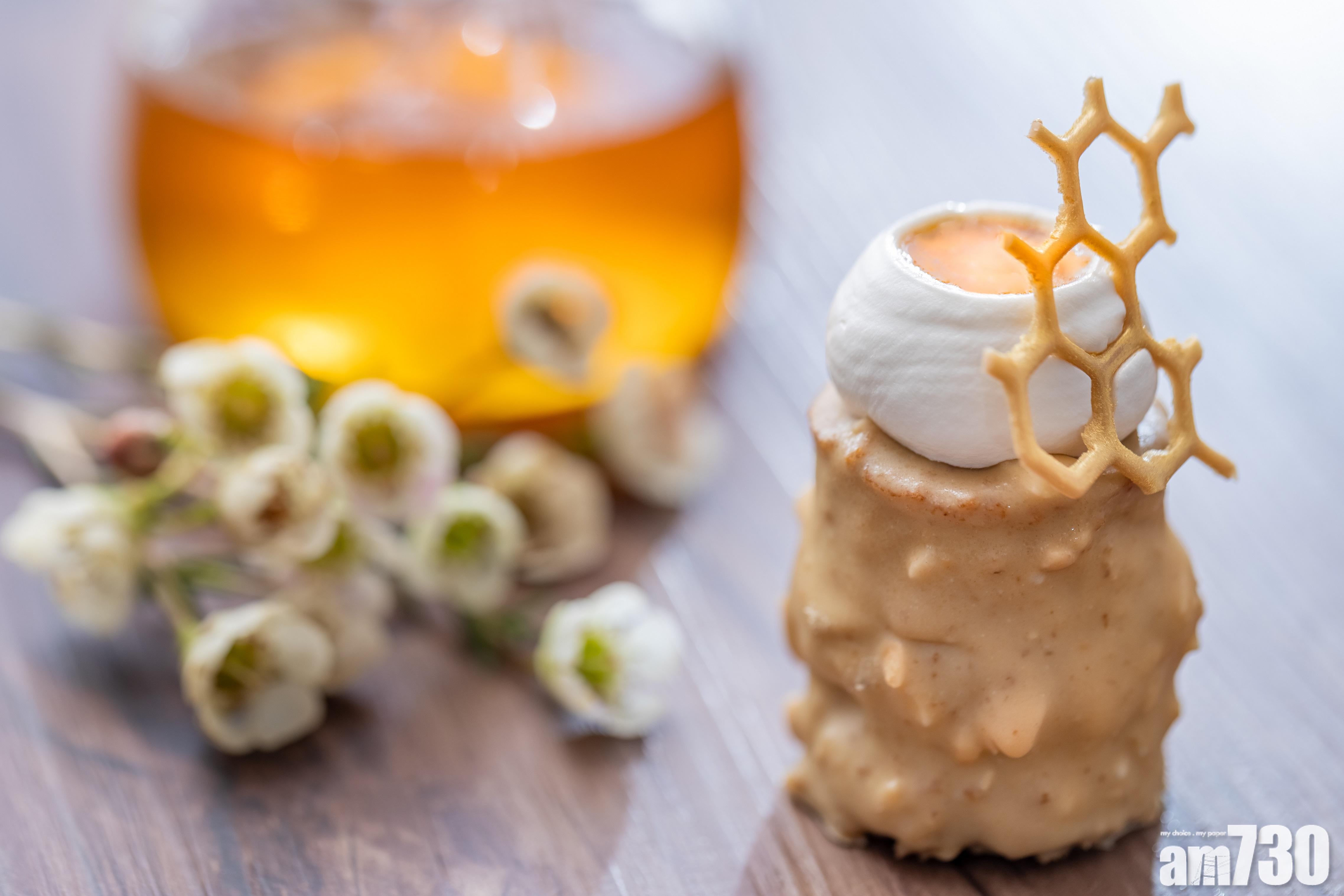 黃金柚子蜜蛋糕
靈感來自品牌獨有的特級蜂皇漿,香甜的核桃海綿蛋糕頂層,放上蜂蜜罐造型的鬆脆蛋白餅,中間再綴以龍眼蜜,再配襯蜂巢型狀的朱古力,是繼蜂皇芝士餅外另一推介。