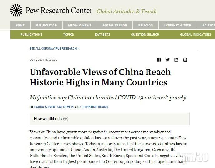 有調查顯示,英美澳等8國對中國負面觀感創新高。(皮尤研究中心)