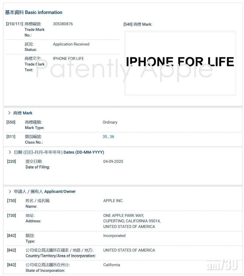 《Patently Apple》發現Apple早在9月4日於香港註冊了「iPhone for Life」商標。
