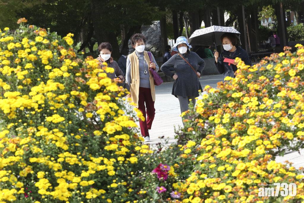 秋高氣爽,南韓高陽市民眾郊遊時戴上口罩防疫。(美聯社)