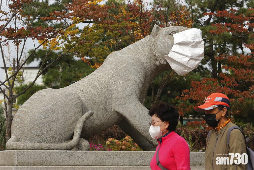 首爾民眾周末到公園賞楓,園內一座動物石雕也被戴上口罩,提醒民眾注意防疫。(美聯社)