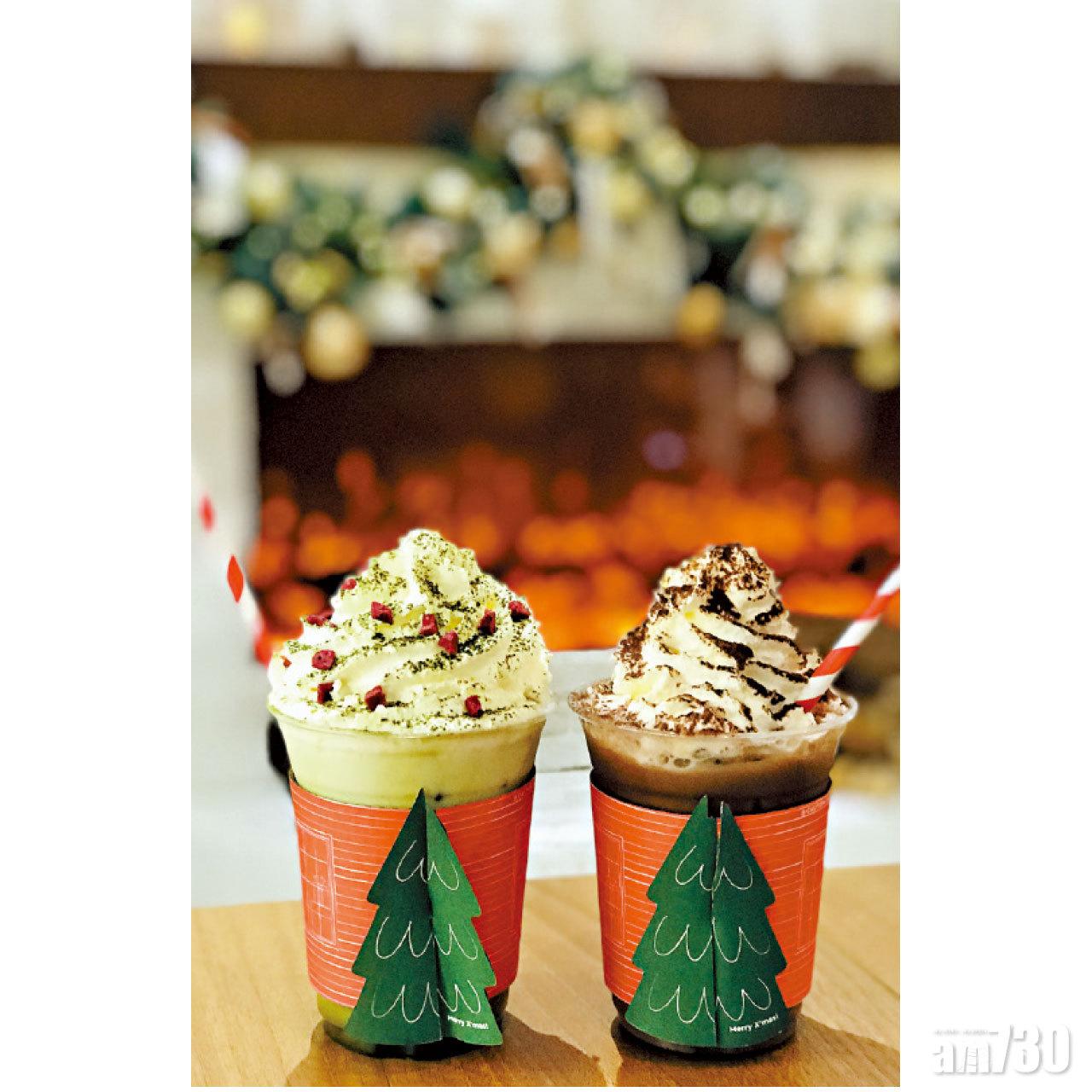 香港限定,十足聖誕樹的凍抹茶Latte及灑上P&R' s朱古力粉的香濃朱古力特飲。$40