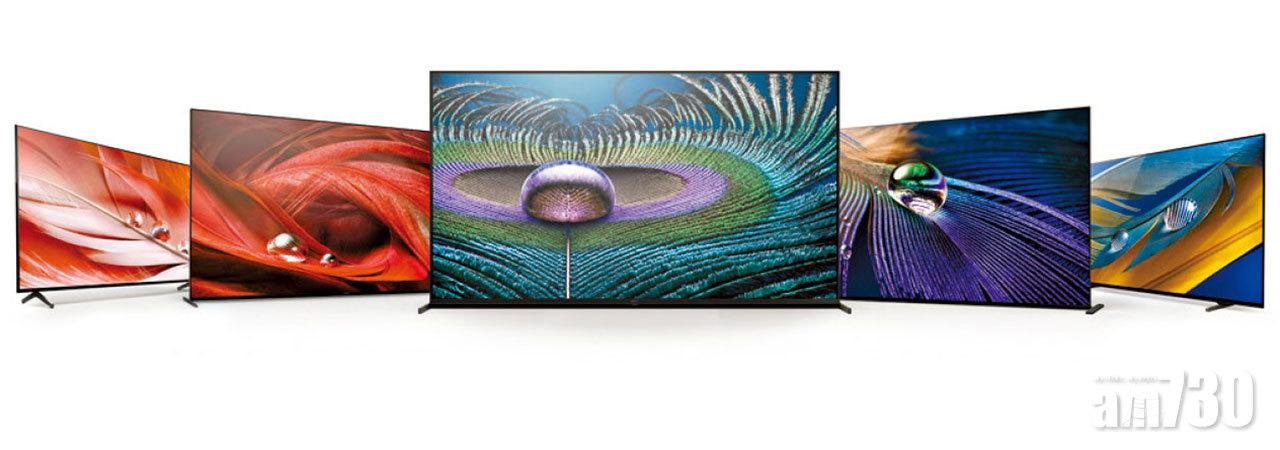 BRAVIA XR系列包括Z9J 8K LED(中)、A90J(右二)和A80J(右一)4K OLED,以及X95J(左二)和X90J(左一)4K LED。