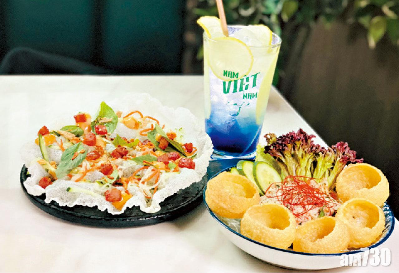 將「越南薄餅」Bánh Tráng Nướng 改良的脆米紙薄餅(左);以印度波波薄脆為靈感的南越蟹肉醬配脆球餅(右)及加入抗氧化微藻的微藻檸檬薑茶。