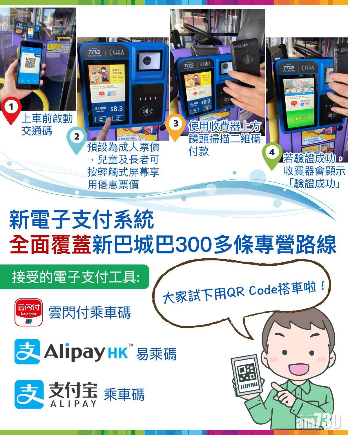 新巴城巴電子支付周日起擴展至全線,交補及長者2元優惠不受惠。(新巴城巴)