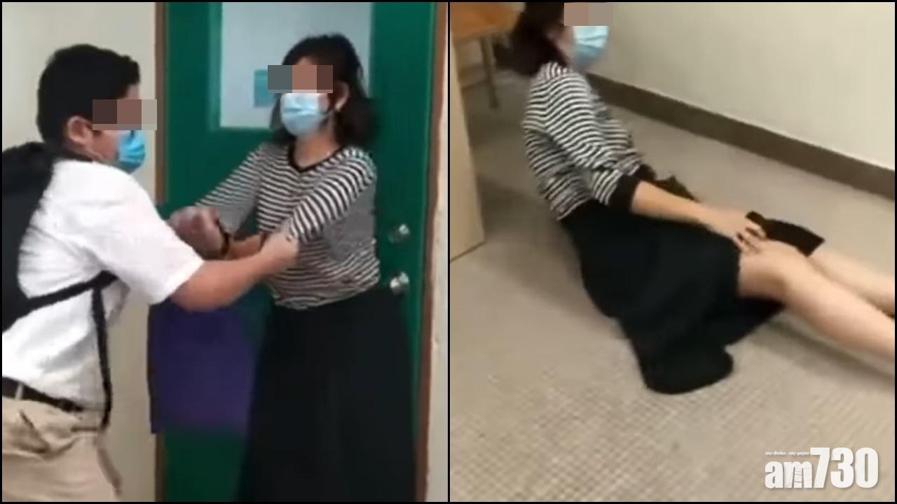 網上流傳影片,中學生拒留堂,Miss擋門被推落地。(網上片段截圖)