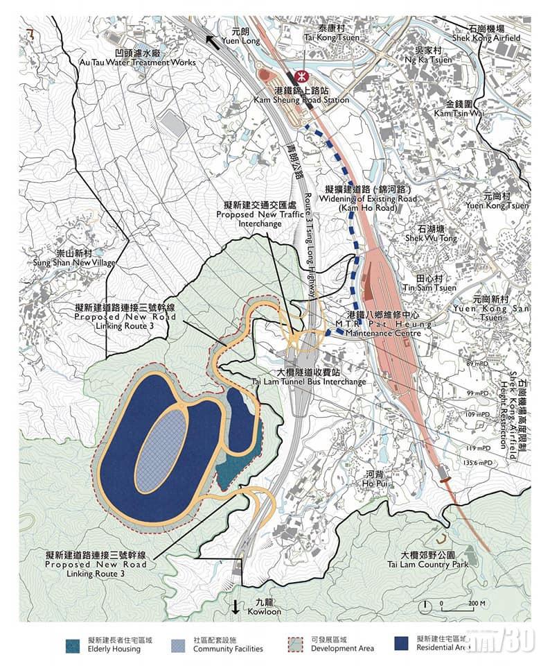 梁振英早前建議的70公頃大欖郊園邊陲地建屋位置(藍色部分),鄰近西鐵錦上路站,他當時認為交通方便,毋須再做大型道路建設。(梁振英fb圖片)