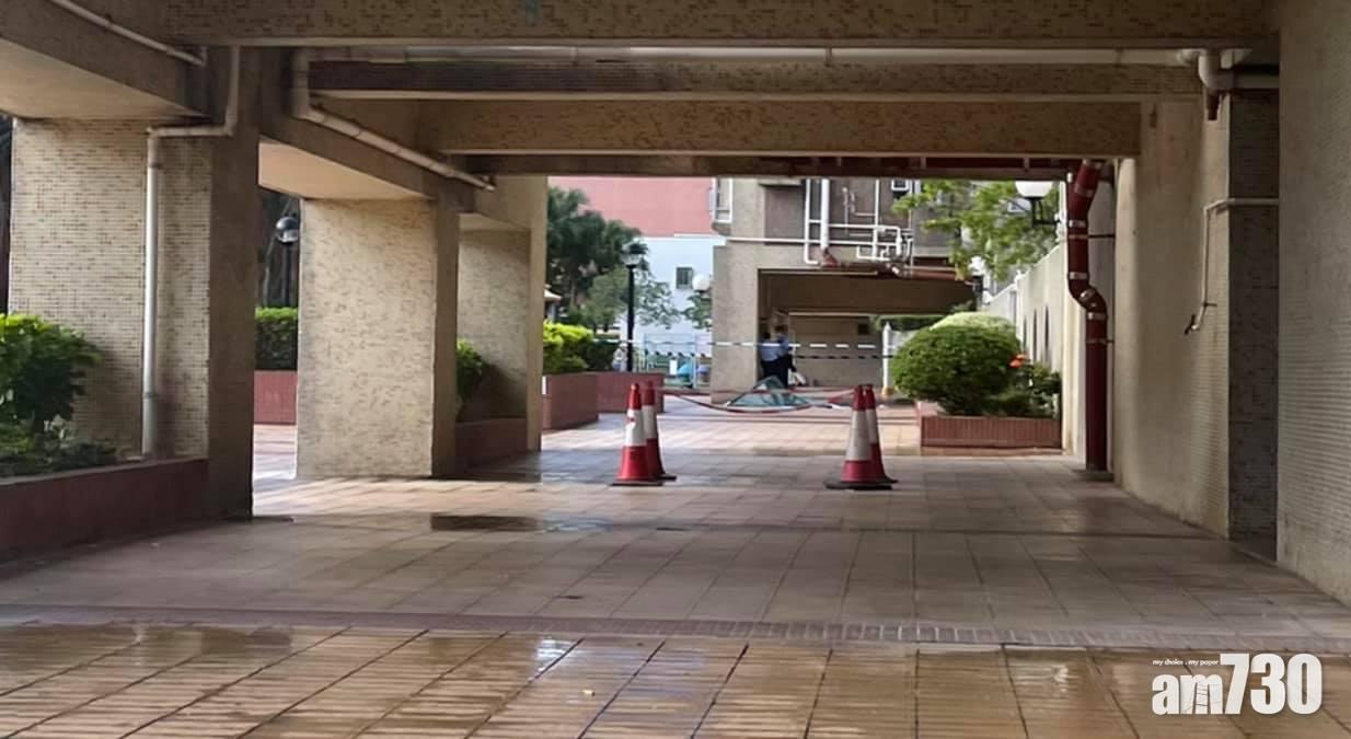 屯門市廣場第四座一名男子墮樓亡,警員到場調查和處理。(網民Fung Kai Wing@FB群組「真.屯門友」)