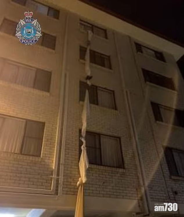 珀斯一名男子用床單自製繩索,從酒店4樓窗戶逃走。(互聯網)