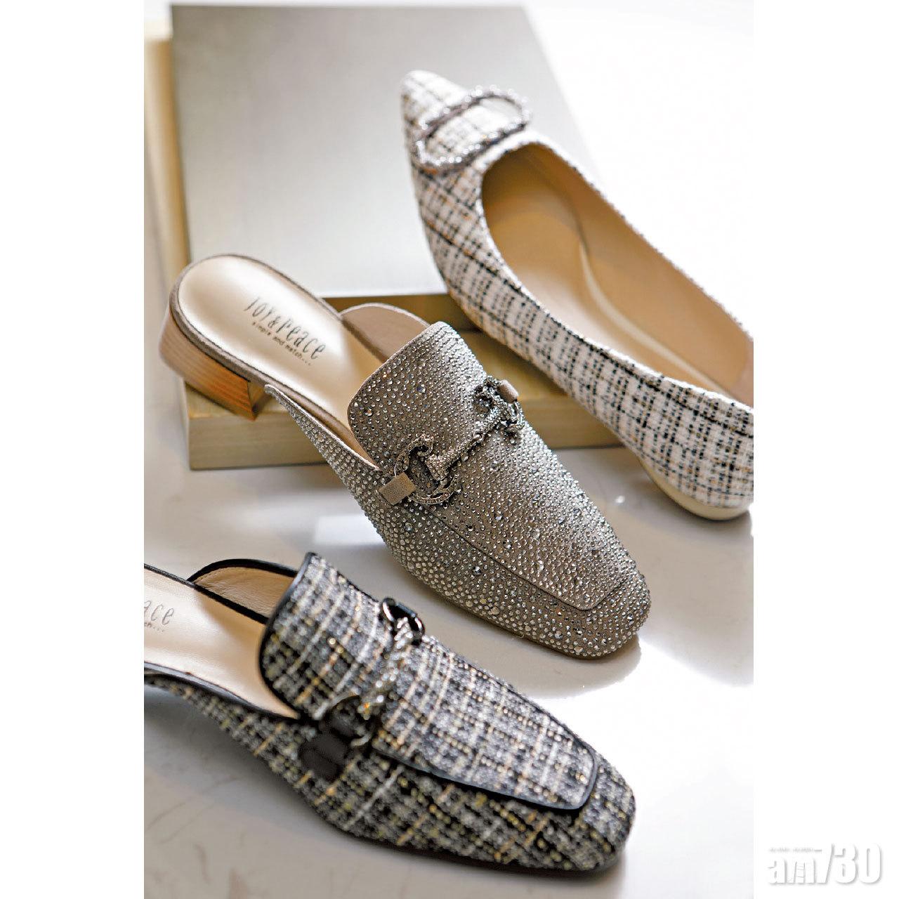 (前) 黑色呢絨密頭穆勒鞋 $1,298 (a)
(中) 銀黑色閃石密頭穆勒鞋 $1,298 (a)
(後) 白色呢絨綴閃石扣尖頭鞋 $1,398 (a)