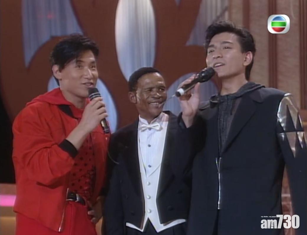 91年,學友與劉德華,已故前藝人歷蘇(中)同台演出。