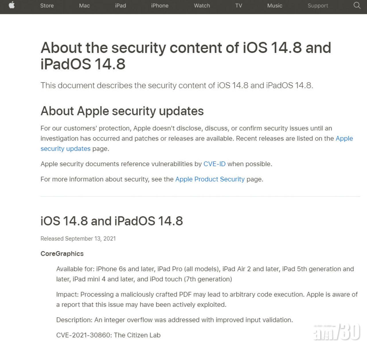 蘋果周一發布軟件更新,堵塞漏洞。(互聯網)