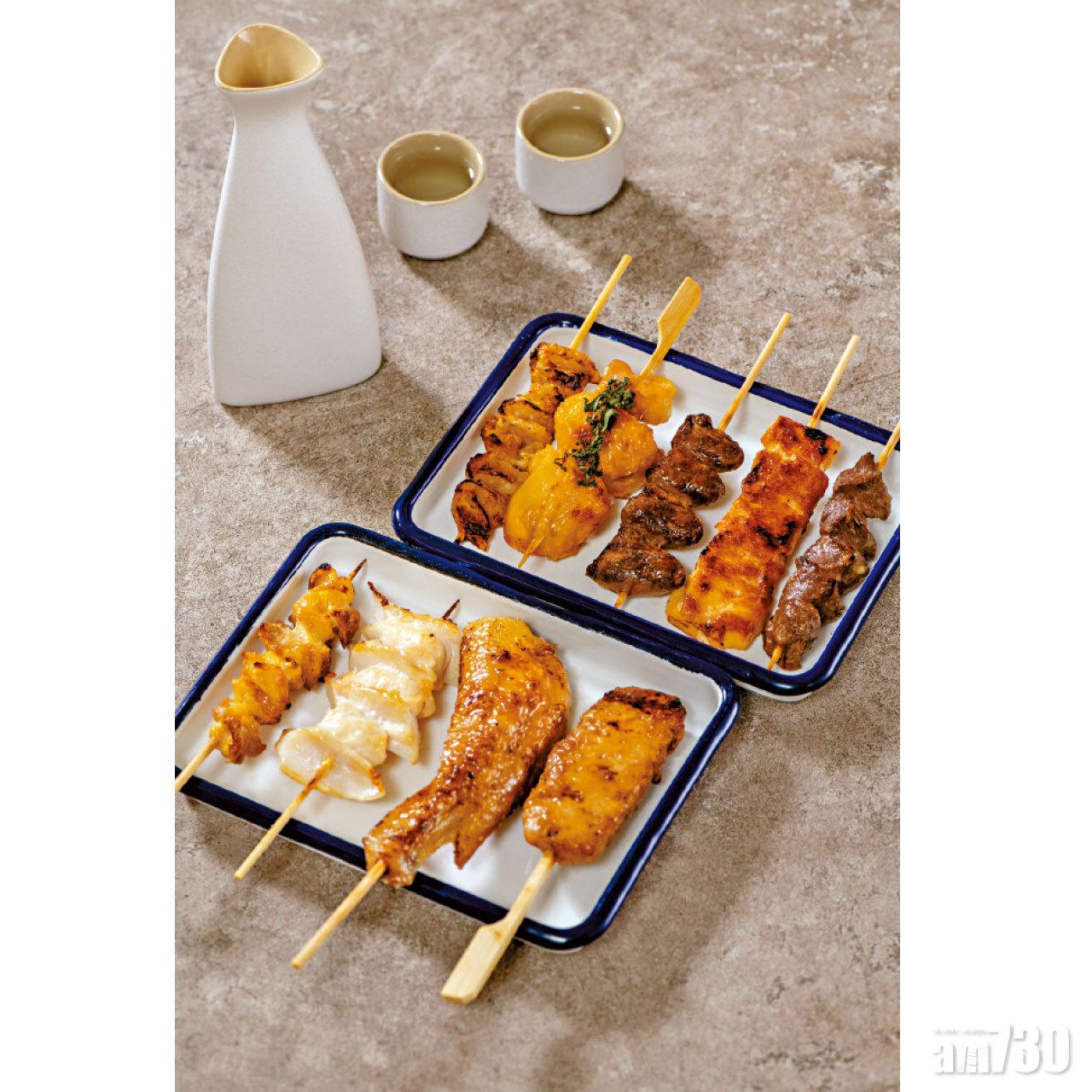 BENTROI本格◣雞串燒,上左起雞軟骨、紫蘇葉雞腿、雞心、雞胸、雞腎;下左起雞皮、雞胸軟骨、雞翼、免治雞肉串。$33/串