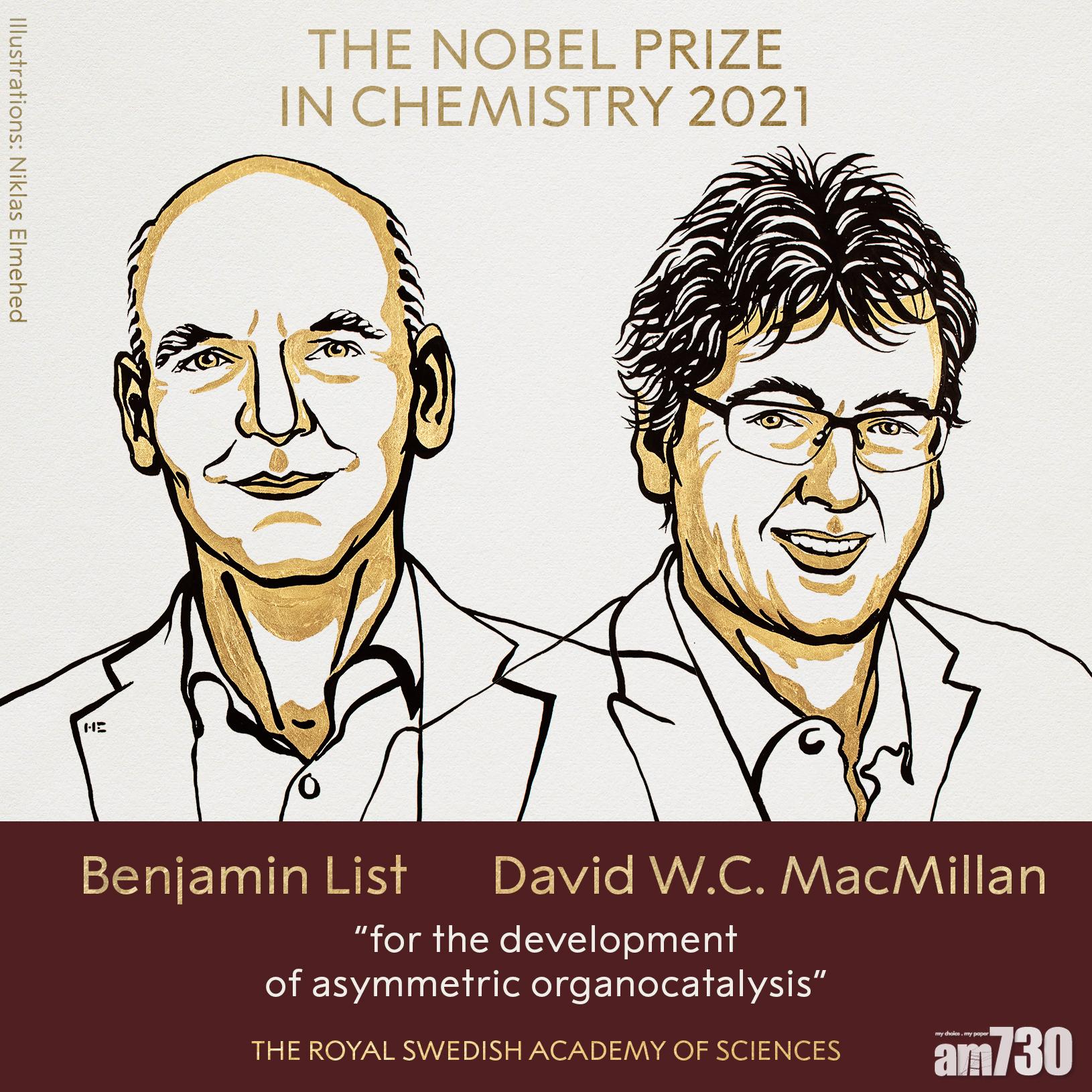 今年諾貝爾化學獎由德國化學家利斯特及英國化學家麥克米倫獲得。(互聯網)