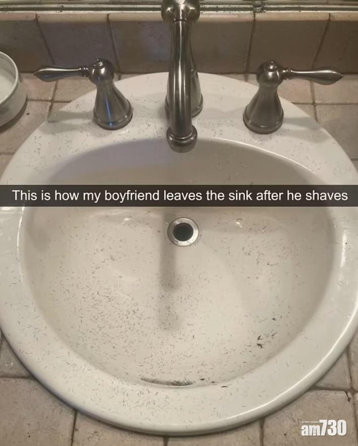 剃鬚後,洗手盆布滿鬚屑都不清理,激死女友。(互聯網)