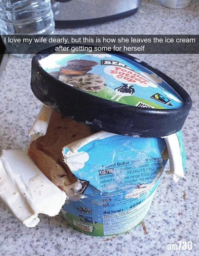 男子投訴,老婆搣爛雪糕杯,食了些雪糕就放回冰格。(互聯網)
