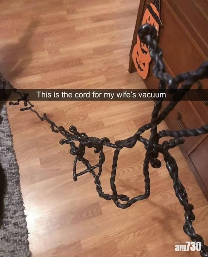 老婆將吸塵機電線纏成一團,不處理。(互聯網)