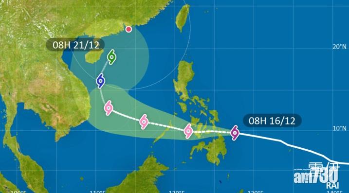 熱帶氣旋雷伊已增強為強颱風,天文台預料下周進入本港800公里範圍。(天文台網頁截圖)