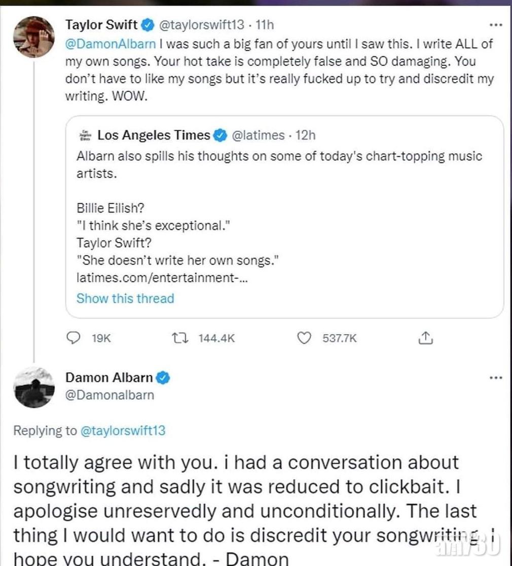 Taylor Swift發文鬧爆Damon。