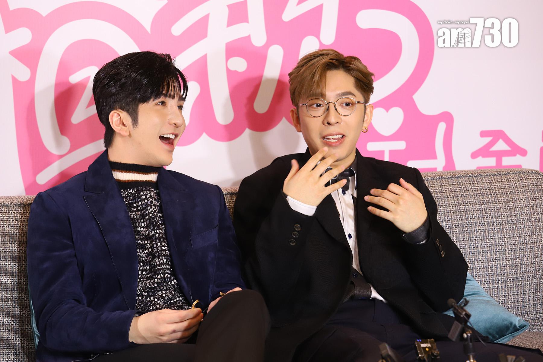 Anson Lo與Edan老友鬼鬼,談到拍港版《社內相親》的趣事時,大放笑彈。(羅錦鴻攝)