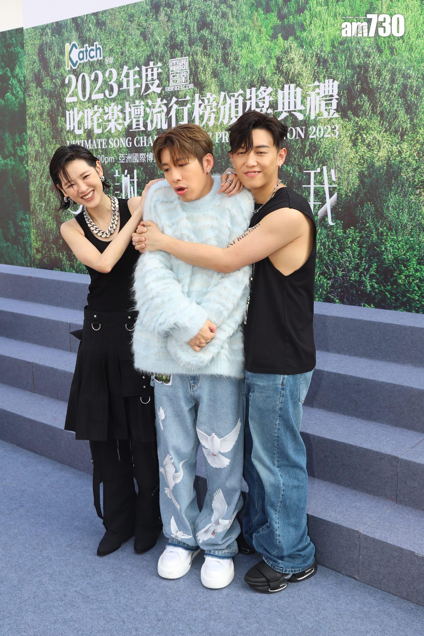 「華納三寶」陳蕾、洪嘉豪、MC張天賦今日在活動上一同受訪。 (羅錦鴻攝)