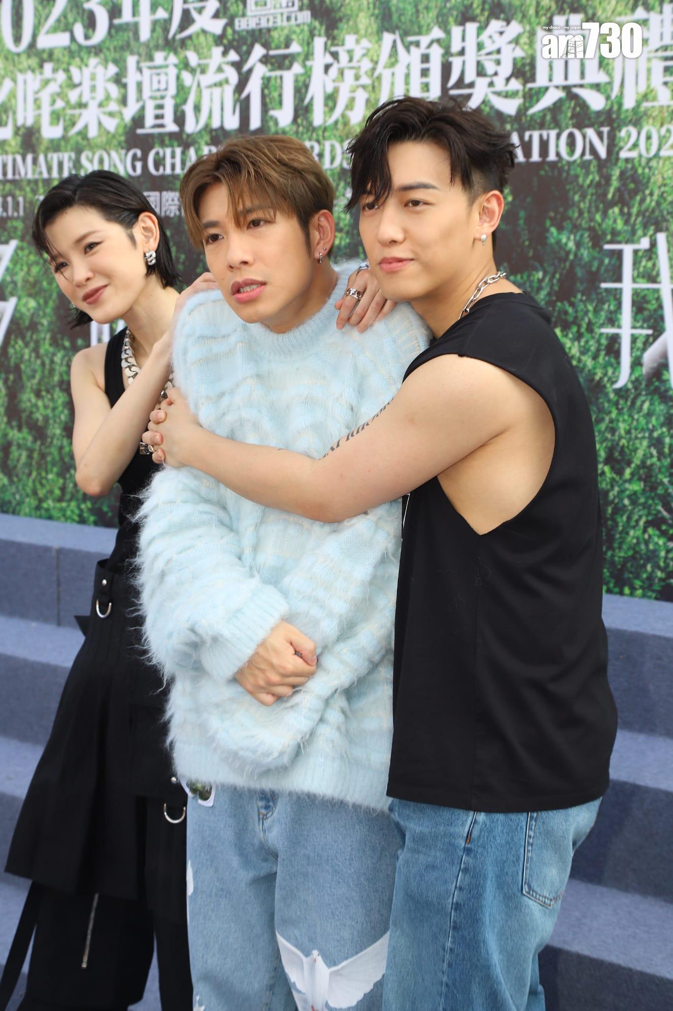 「華納三寶」陳蕾、洪嘉豪、MC張天賦今日在活動上一同受訪。 (羅錦鴻攝)