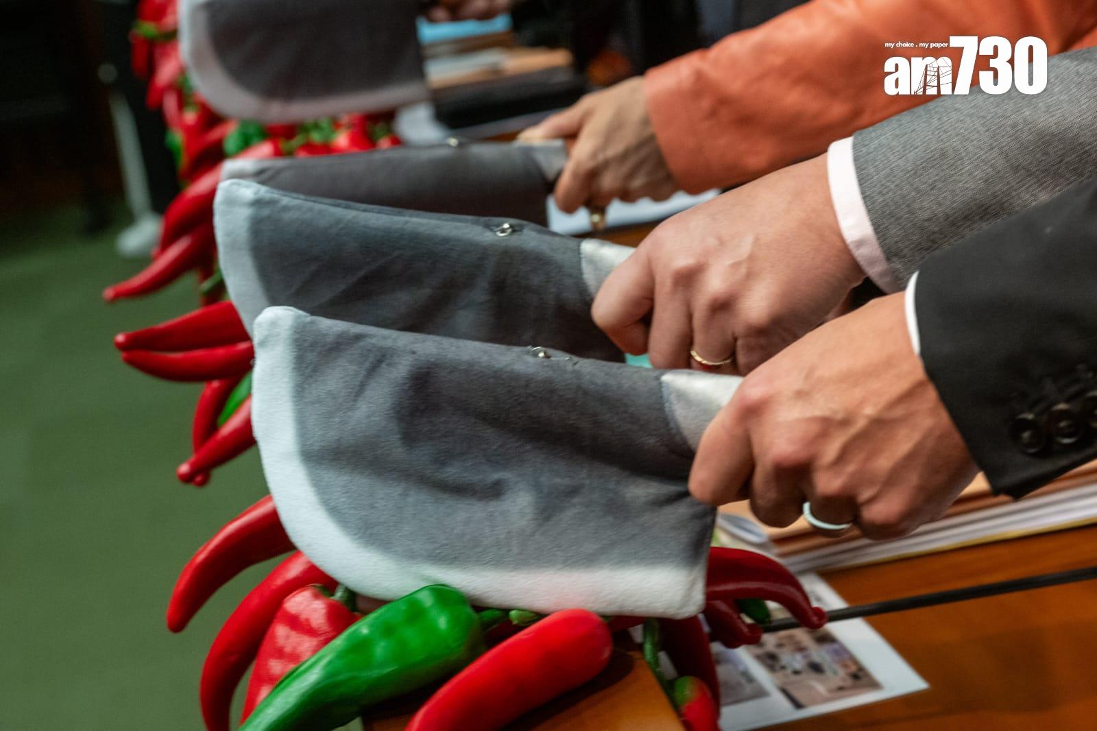 財政預算案2024|經民聯帶同道具刀及辣椒 指全面「撤辣」起振奮作用|Ray Online(陳奕釗攝)