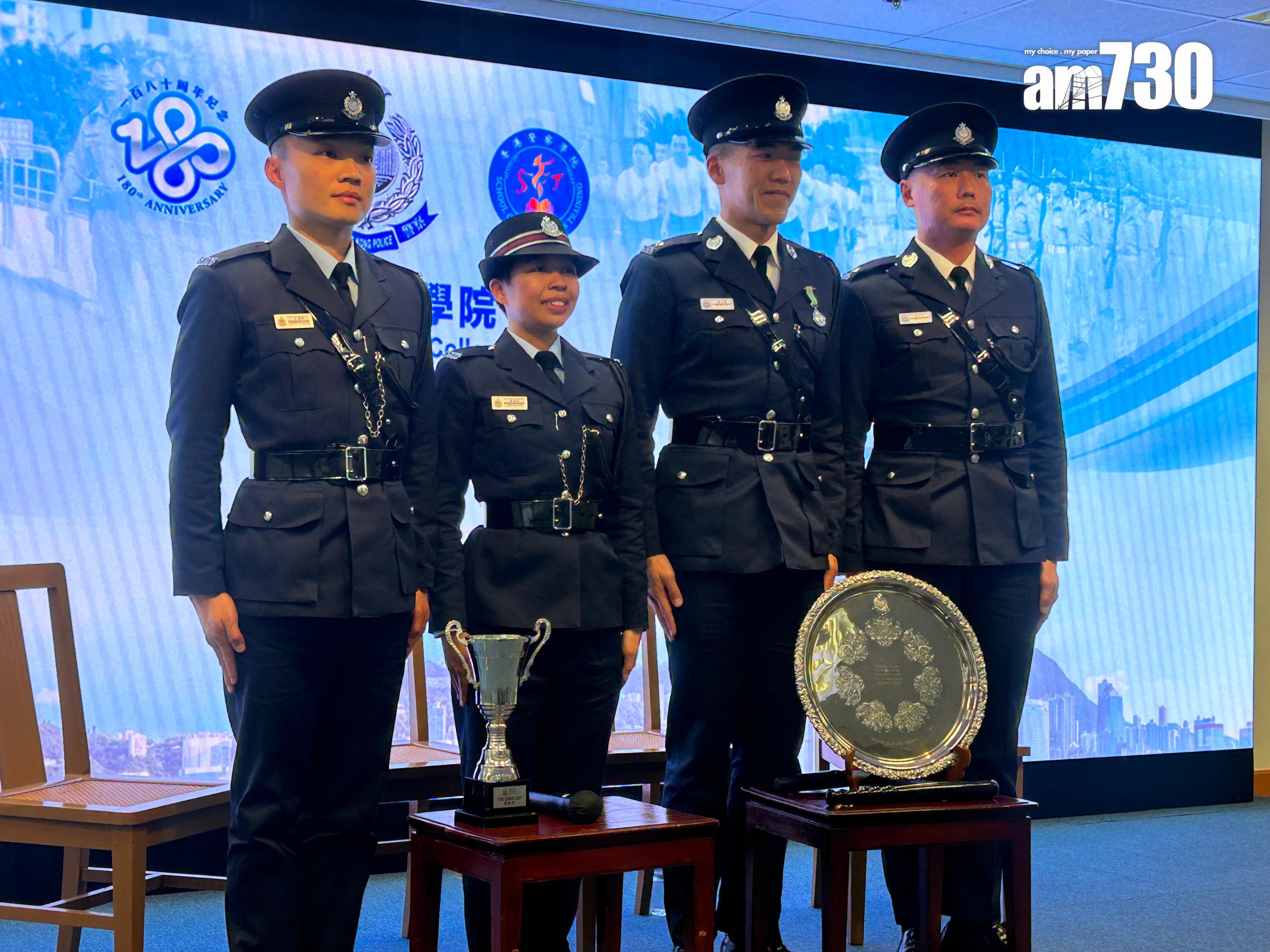 新一批見習督察及學警畢業,左起是王增新、林穎欣、葉文權及梁浩釗(陳芷晴攝)