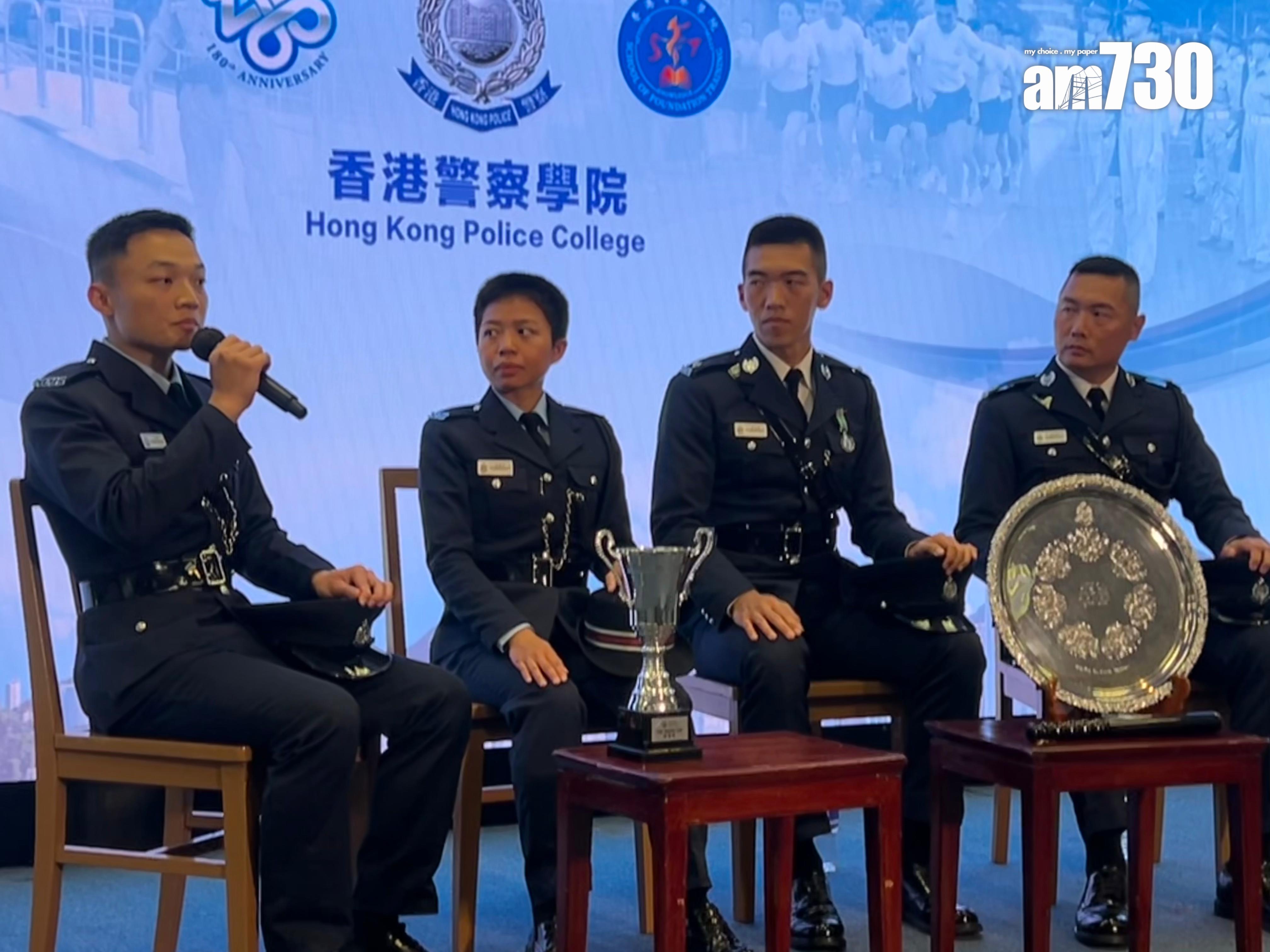 新一批見習督察及學警畢業,左起是王增新、林穎欣、葉文權及梁浩釗(陳芷晴攝)