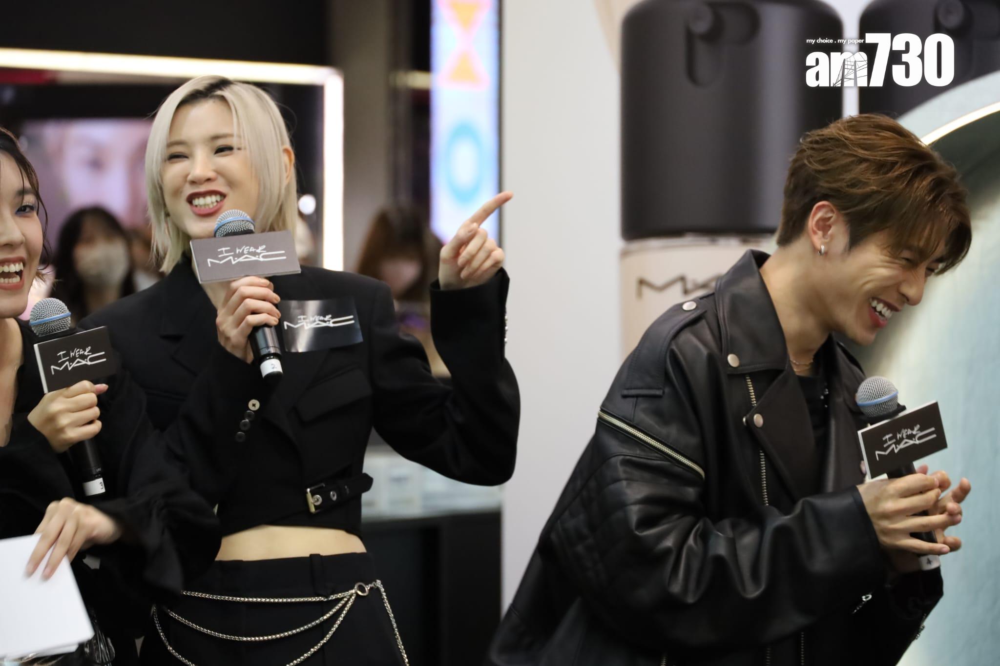 陳蕾、洪嘉豪今日同以黑Look出席化妝品活動。 (鍾式明攝)